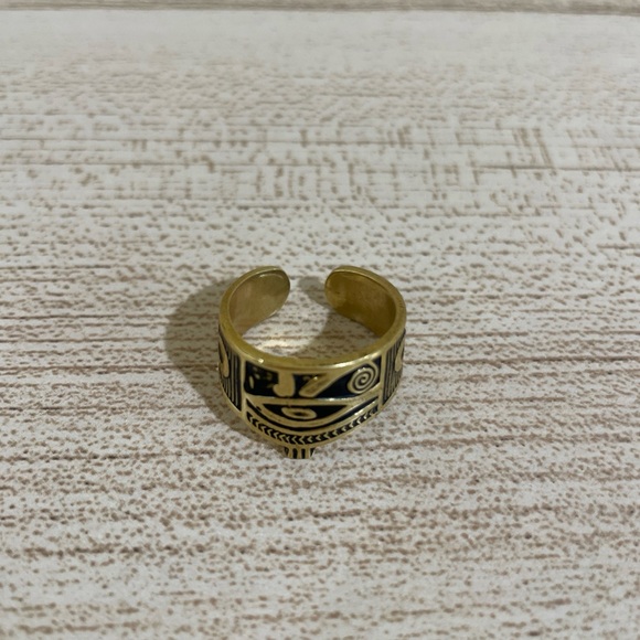 Egyptian Brass Ring Adjustable Handmade Eye of Horus Ankh Black Ring 0.5" Wide - Picture 1 of 5
